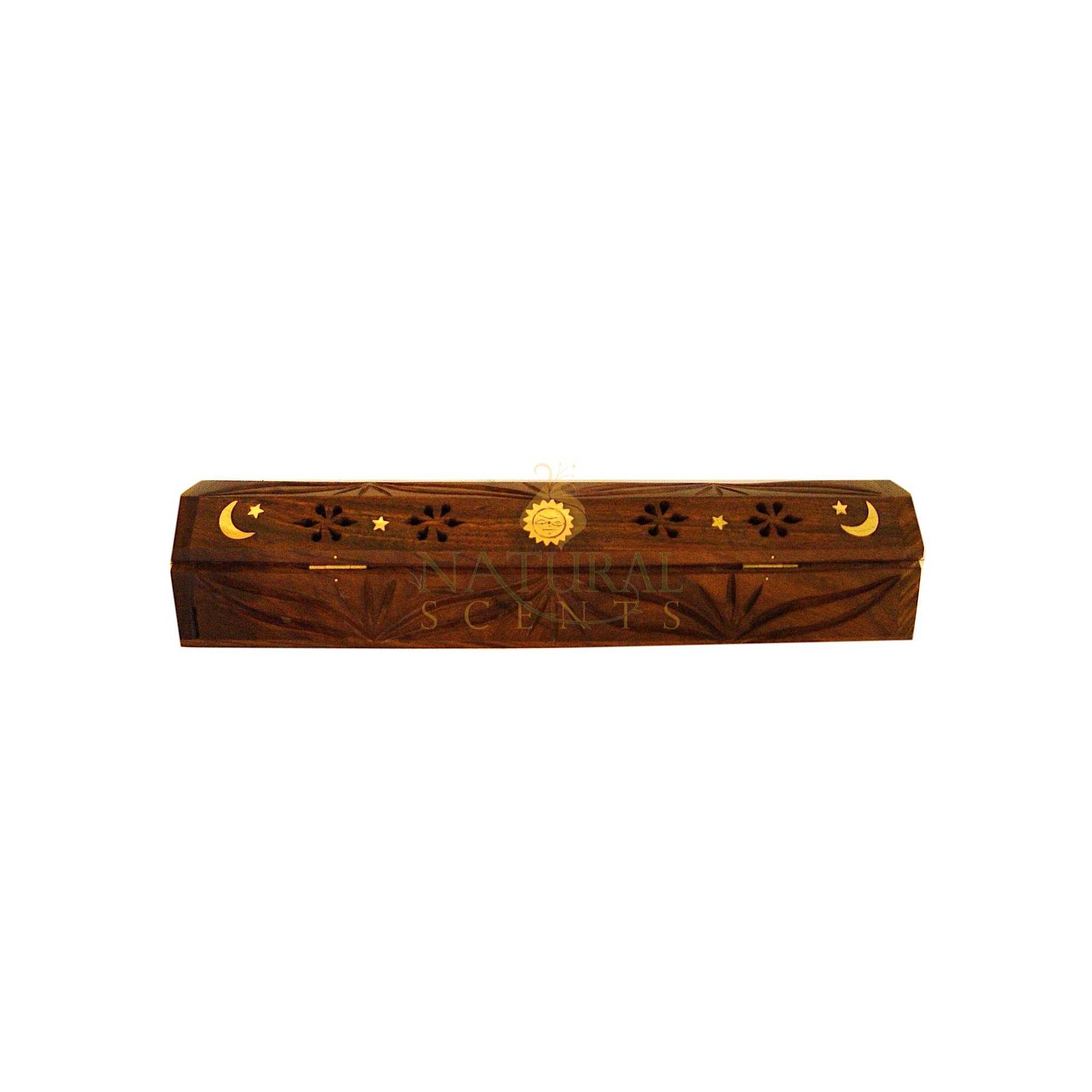Carved Moon/Stars/Sun Brown Coffin Box #85083