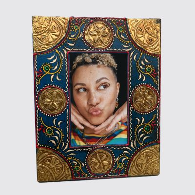 Photo Frame blue with gold flowers #08055