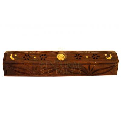 Carved Moon/Stars/Sun Brown Coffin Box #85083
